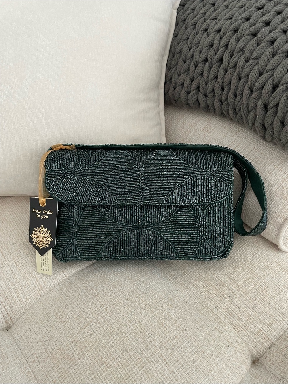 NWT Handcrafted Beaded Fan Design Shoulder Bag Dark Green